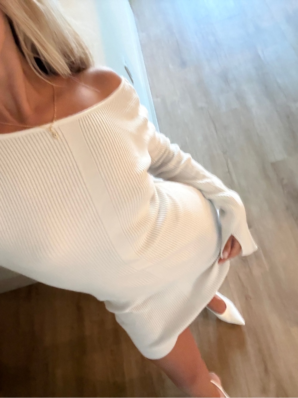 White Long Sleeve Ribbed Dress